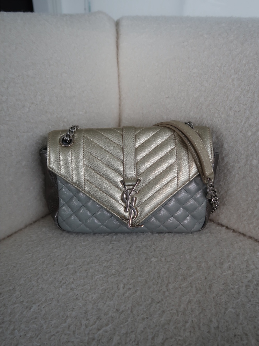 Yves Saint Laurent Metallic Gold and Gray Quilted Shoulder Bag